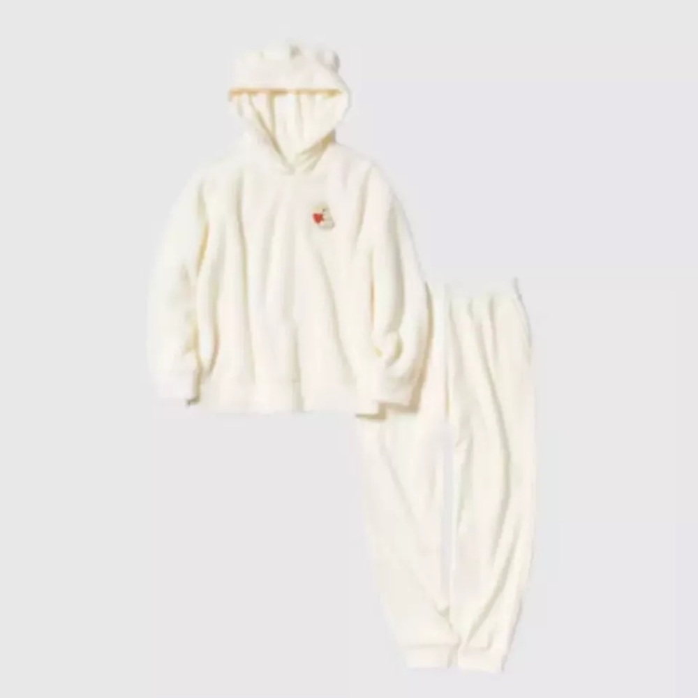 Uniqlo Cozy Fleece Cream Loungewear Set Comfy Warm Fuzzy Sweatshirt & Joggers PJ